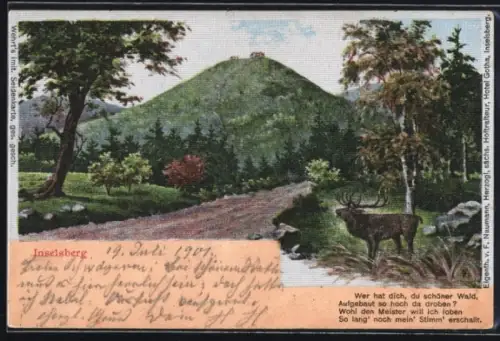 Seiden-Imitations-AK Inselsberg, Hirsch im Wald, Strassenpartie, Berge