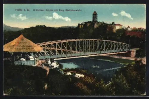 AK Halle a. S., Cröllwitzer Brücke mit Burg Giebichenstein