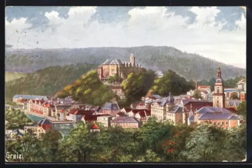 AK Greiz, Panorama mit oberem Schloss
