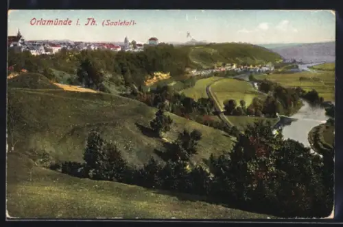 AK Orlamünde /Saaletal, Blick ins Tal auf die Saale und Ortschaft