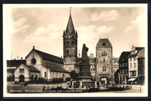 AK Eisenach, Nikolaikirche, Nikolaitor und Lutherdenkmal