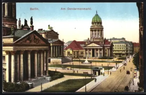 AK Berlin, Gendarmenmarkt, Deutscher Dom, Französischer Dom, Schauspielhaus