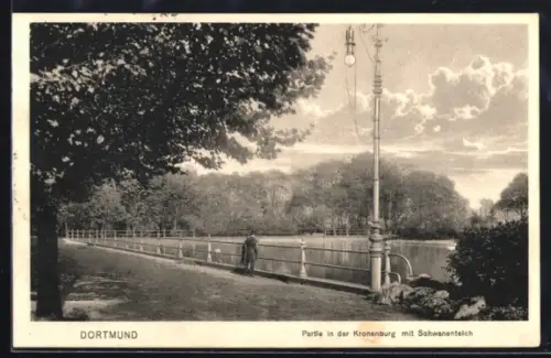 AK Dortmund, Partie in der Kronenburg mit Schwanenteich