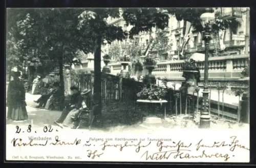 AK Wiesbaden, Aufgang vom Kochbrunnen zur Taunusstrasse