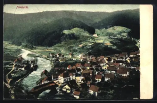 AK Forbach, Ortsansicht mit Brücke und Murg aus der Vogelschau