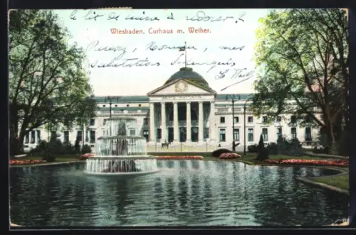 AK Wiesbaden, Kurhaus mit Weiher