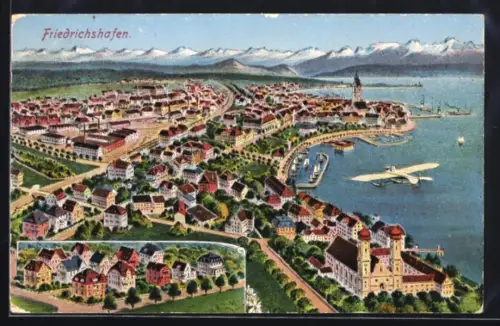 AK Friedrichshafen, Ortsansicht, Hafen, Kirche, Flugzeug über dem Bodensee