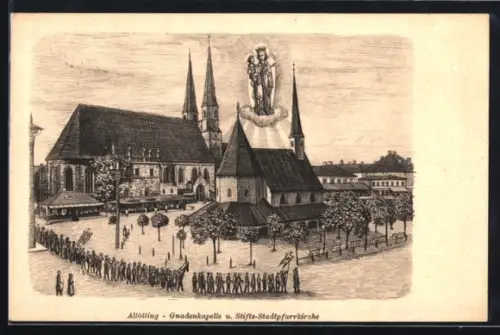 Künstler-AK Altötting, Gnadenkapelle, Stifts-Stadtpfarrkirche