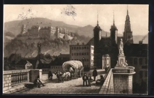 Künstler-AK Heidelberg, Die alte Brücke, Stadttor, Schloss