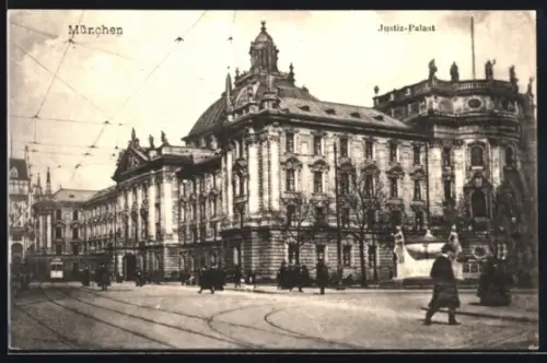 AK München, Justiz-Palast mit Strassenbahn