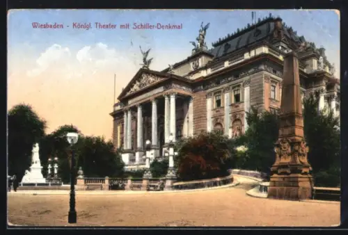 AK Wiesbaden, Königl. Theater, Schiller-Denkmal