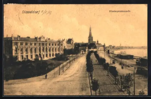 AK Düsseldorf, Rheinpromenade aus der Vogelschau