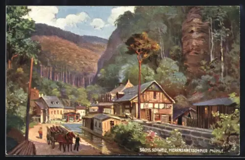 Künstler-AK Herrnskretschen /Sächsische Schweiz, Herrnskretschner Mühle, Holztransport
