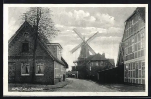 AK Borstel im Altenlande, Strassenszene mit Windmühle und Fachwerkhäusern