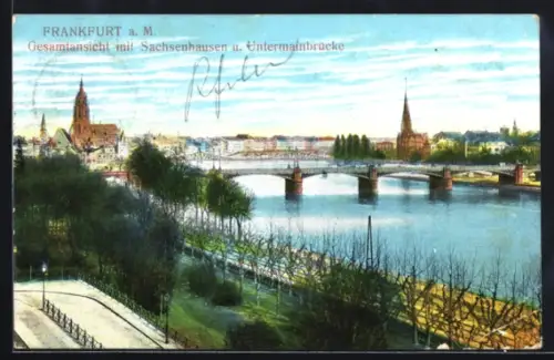 AK Frankfurt a. M., Gesamtansicht mit Sachsenhausen, Untermainbrücke