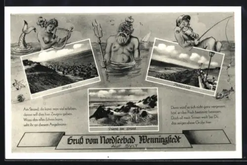 AK Wenningstedt auf Sylt, Strand, Promenade, Düne mit Syltansicht, Angler, Wassermann, Nixe