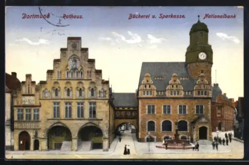 AK Dortmund, Rathaus, Bücherei u. Sparkasse, Nationalbank