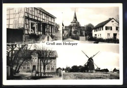 AK Hedeper, Geschäft Gebensleben, Kirche, Schule, Alte Mühle