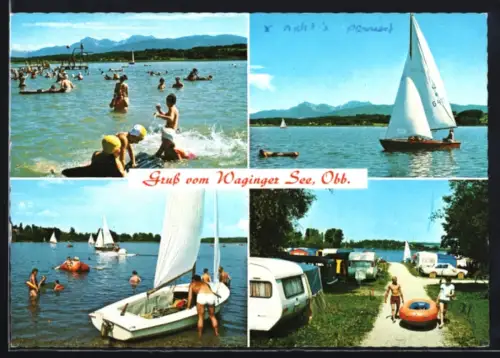 AK Waging /Obb., Waginger See, Badende, Segelboote, Campingplatz