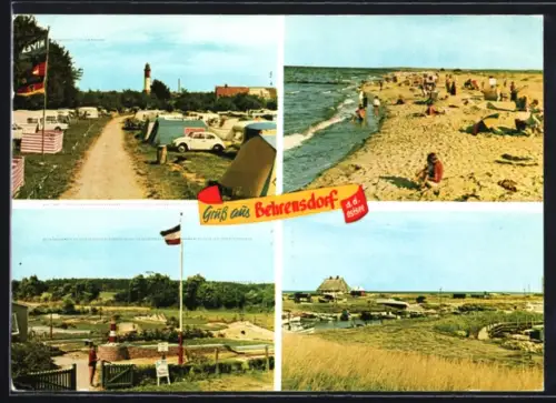 AK Behrensdorf a. d. Ostsee, Strand, Leuchtturm, Campingplatz