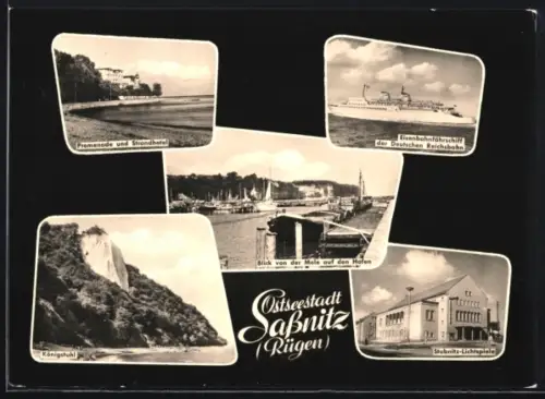 AK Sassnitz /Rügen, Blick von der Mole auf den Hafen, Stubnitz-Lichtspiele, Promenade und Strandhotel, Königsstuhl