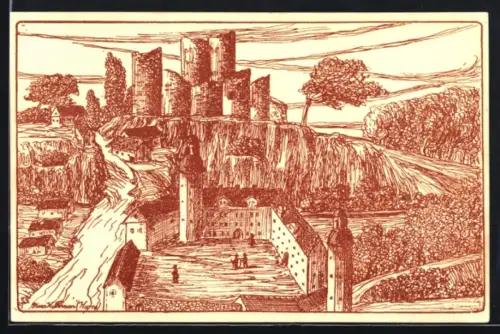 Künstler-AK Lobenstein, Burgruine mit dem 1601 erbauten und 1714 abgebrannten neuen Schloss