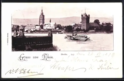 AK Eltville /Rhein, Rheinpartie mit Kirche, Turm, Rheindampfer