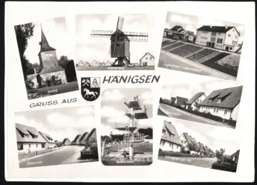 AK Hänigsen, Kirche, Mühlenweg, Badeanstalt, Jugendheim u. Sportstadion