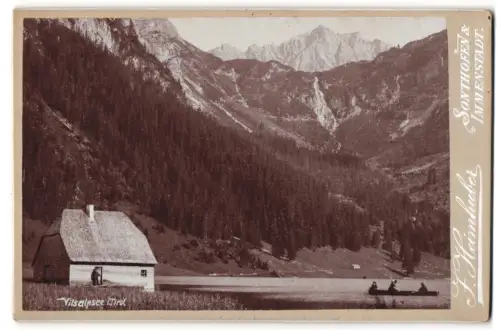 Fotografie J. Heimhuber, Sonthofen, Ansicht Vilsalpe i. Tirol, Seeblick mit Ruderboot und Bergpanorama