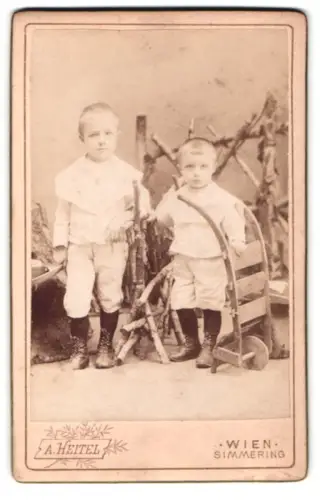Fotografie A. Heitel, Wien, Hauptstrasse 70, Zwei Jungen mit Schlitten