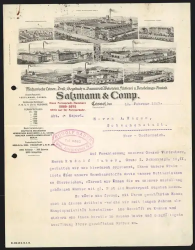 Rechnung Cassel 1927, Salzmann & Comp., Tuchfabrik, Verschiedene Werke aus Oederan, Einbeck, Melsungen
