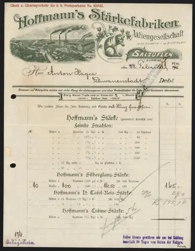 Rechnung Salzuflen a. Lippe 1910, Hoffmann`s Stärkefabriken A. G., Fabrikgelände und Katze