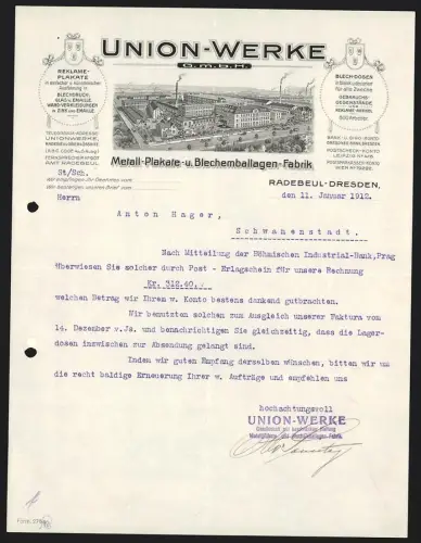 Rechnung Radebeul 1912, Union-Werke GmbH, Metall-Plakate-und Blechemballagen-Fabrik