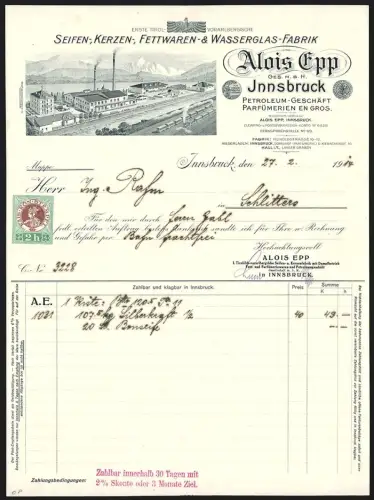 Rechnung Innsbruck 1914, Alois Epp, Seifen-, Kerzen- und Fettwarenfabrik, Werksgelände