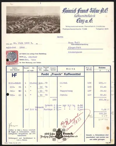 Rechnung Linz a. D. 1933, Heinrich Franck Söhne A. G., Kaffeemittelfabrik, Werksgelände aus der Vogelschau