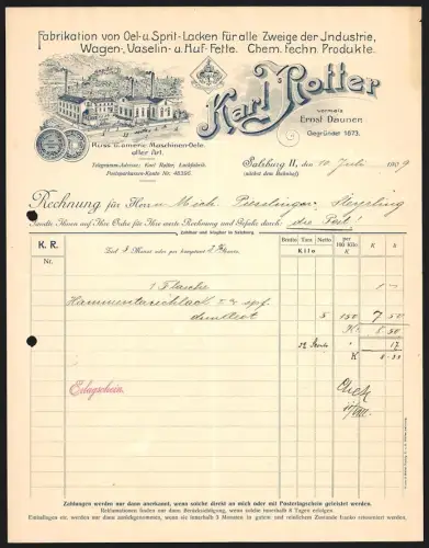 Rechnung Salzburg 1909, Oel- u- Spritlack-Fabrik Karl Rotter, Werksgelände