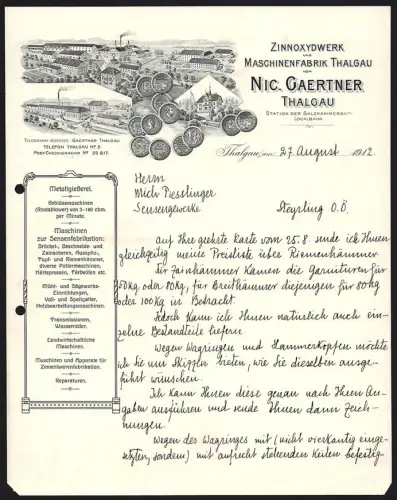 Rechnung Thalgau 1912, Nic. Gaertner, Zinnoxydwerk und Maschinenfabrik, Werksgelände und Villa