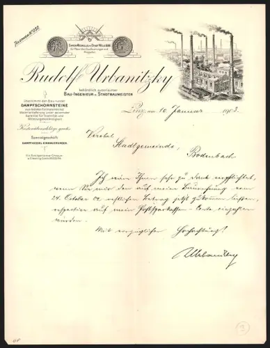 Rechnung Wels 1903, Rudolf Urbanitzky, Dampfschornsteinbau und Dampfkesseleinmauerungen, Fabrikgelände