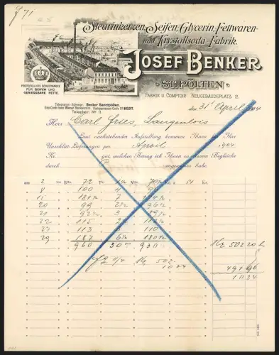 Rechnung St. Pölten 1904, Josef Benker, Stearinkerzen-, Seifen- und Krystallsoda-Fabrik, Fabrik am Neugebäudeplatz 2