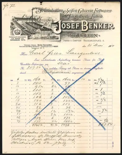 Rechnung St. Pölten 1904, Josef Benker, Stearinkerzen-, Seifen- und Krystallsoda-Fabrik, Fabrik am Neugebäudeplatz 2