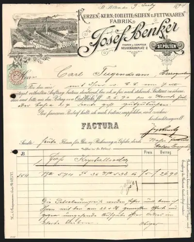 Rechnung St. Pölten 1894, Josef Benker, Kerzen-, Seifen- und Fettwarenfabrik, Fabrik am Neugebäudeplatz 2