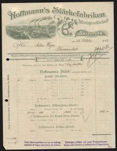 Rechnung Salzuflen a. Lippe 1912, Hoffmann`s Stärkefabriken A. G., Fabrikgelände und Katze