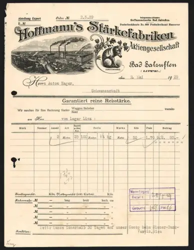 Rechnung Salzuflen a. Lippe 1912, Hoffmann`s Stärkefabriken A. G., Fabrikgelände und Katze