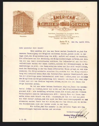 Rechnung Berlin 1912, American College of Sciences GmbH, Stammhaus in der Linkstrasse 12