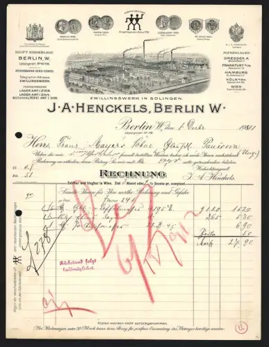 Rechnung Berlin 1911, J. A. Henckels, Stahlwarenfabrik, Zwillingswerk in Solingen