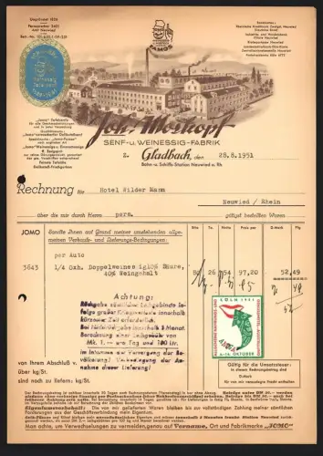 Rechnung Gladbach 1951, Joh. Mosekopf, Senf- und Weinessig-Fabrik, Werksgelände