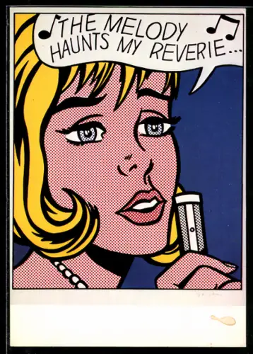 Künstler-AK sign. Roy Lichtenstein: Die Melodie geht mir nicht aus dem Sinn, Sängerin mit Mikrofon