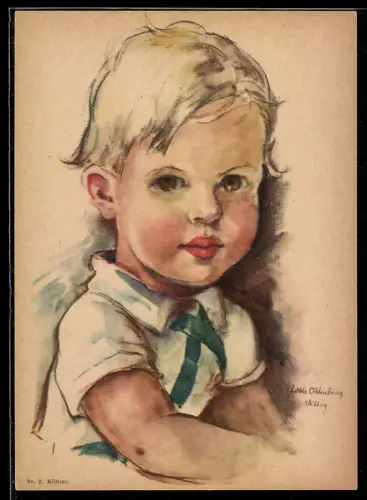 Künstler-AK sign.Lotte Oldenburg-Wittig: blonder Junge in Latzhose