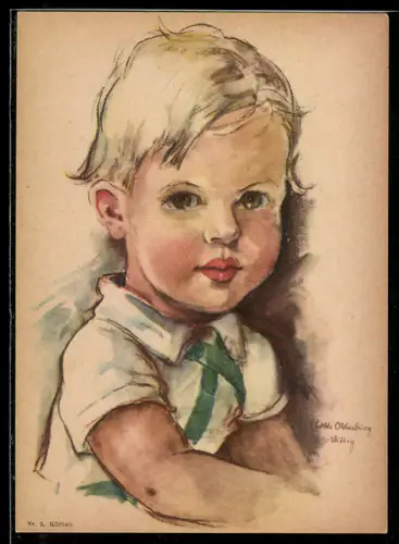 Künstler-AK sign.Lotte Oldenburg-Wittig: blonder Junge in Latzhose