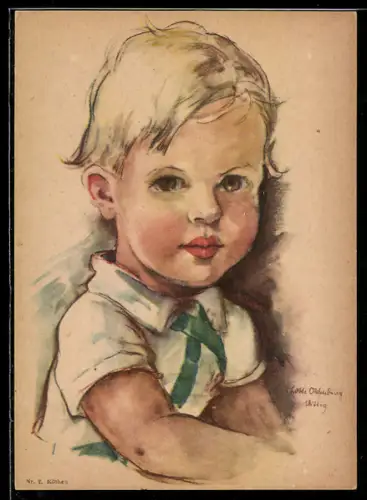 Künstler-AK sign.Lotte Oldenburg-Wittig: blonder Junge in Latzhose